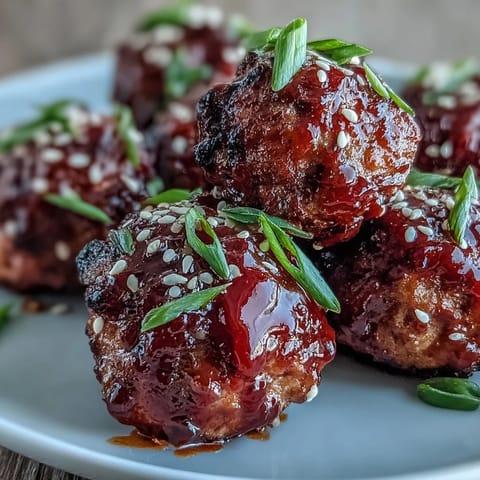 Freshly baked Spicy Chili Honey Turkey Meatballs glistening with a sweet and spicy glaze, served on a white platter topped with sesame seeds and cilantro.