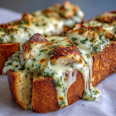 Golden, cheesy Pesto Chicken Garlic Bread Boats fresh from the oven on a baking sheet.