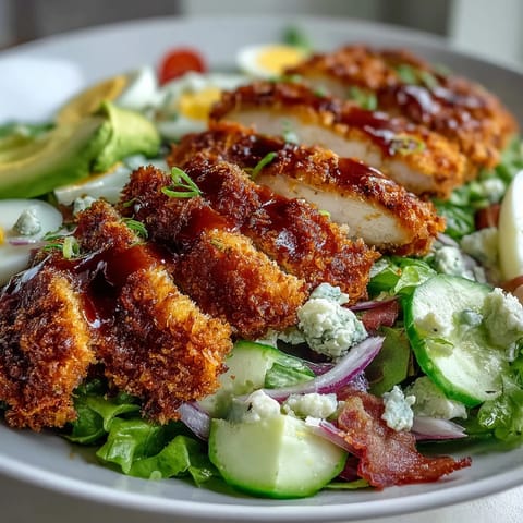 Sliced crispy Parmesan Crusted Chicken Cobb Salad plated with avocado, cherry tomatoes, and blue cheese, drizzled with a tangy dressing.