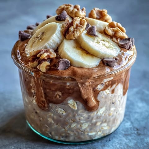 Overnight jar of Chunky Monkey Protein Overnight Oats topped with sliced bananas, peanut butter, and crunchy walnuts.
