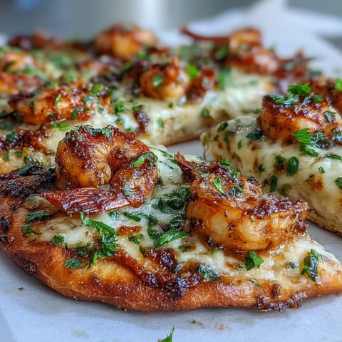 A rustic slice of Garlic Butter Shrimp Naan Pizza on a plate, sautéed shrimp glistening in garlic butter.
