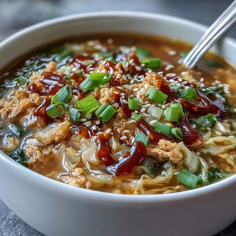 Close-up view of a ladle serving savory Egg Roll Soup with Chicken & Cabbage into a bowl.