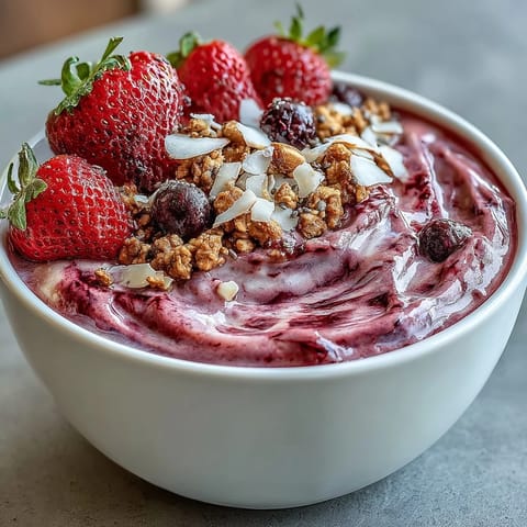 Fresh Berry Greek Yogurt Smoothie Bowl topped with chia seeds, granola, and vibrant fresh berries in a breakfast bowl.