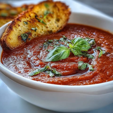 A creamy vegan tomato basil soup with fresh herbs and silky coconut milk, served with golden garlic sourdough dippers.  