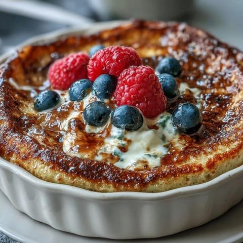 Fluffy baked protein pancake bowl with fresh raspberries, perfect for a high-protein breakfast that fuels your day.  