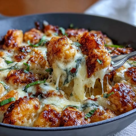 Crispy Chicken Parmesan Gnocchi with golden panko crust and melted mozzarella in a savory skillet meal.  