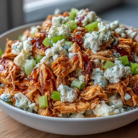 High-protein buffalo chicken salad featuring shredded chicken, zesty buffalo sauce, and cottage cheese, perfect for a healthy lunch or snack.  