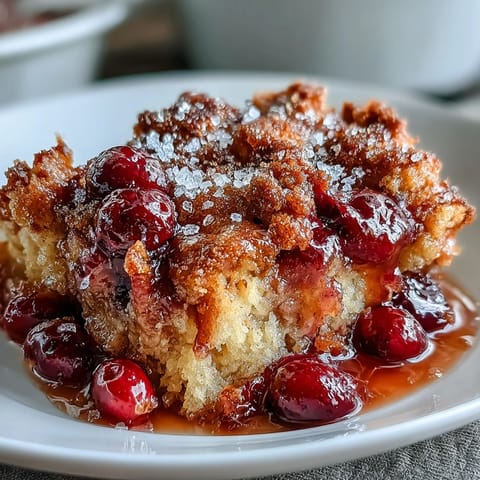 A golden, buttery cobbler topping crowns a bubbling cranberry filling in this festive holiday dessert.