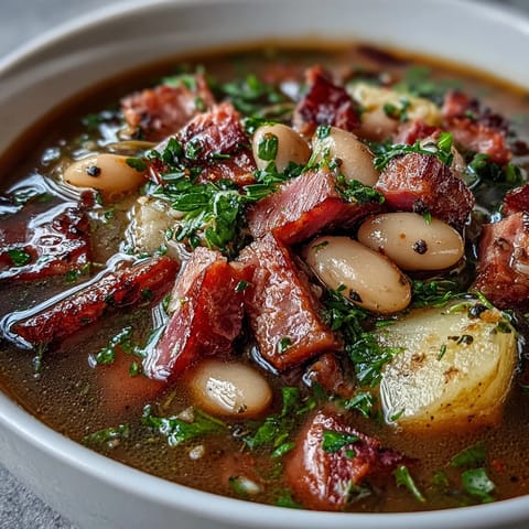 A steaming bowl of bean soup with smoked ham and potatoes, rich and savory with tender vegetables and hearty beans.  