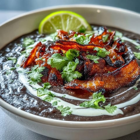 Creamy Black Bean Soup with Bacon and Lime Crema, topped with crispy bacon and a swirl of tangy lime crema.