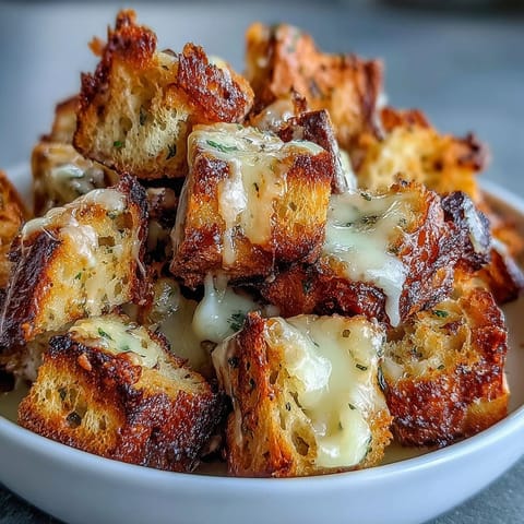 Golden sourdough croutons, crisp and buttery, topping a steaming bowl of French onion soup with rich, savory aroma.