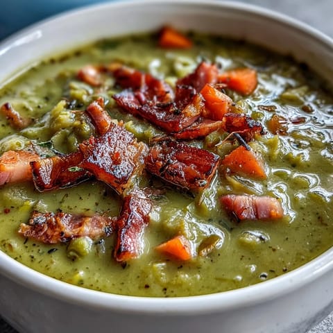 A steaming bowl of Ham and Split Pea Soup with tender carrots and savory ham chunks for a cozy meal.