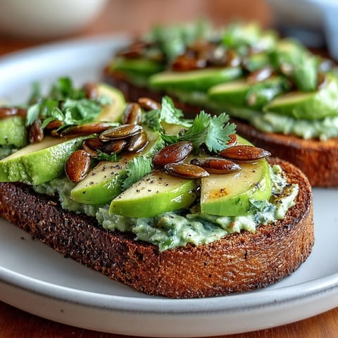 Creamy avocado spread on toasted whole grain bread, layered with crisp green apple slices and sprinkled with pepitas.  