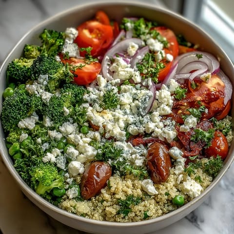 A colorful grain bowl with quinoa, broccoli, peas, and crumbled feta, topped with fresh parsley and a lemon Dijon dressing.