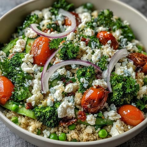 Nutritious and hearty, this quinoa bowl is loaded with steamed broccoli, sweet peas, juicy cherry tomatoes, and tangy feta for a balanced vegetarian meal.