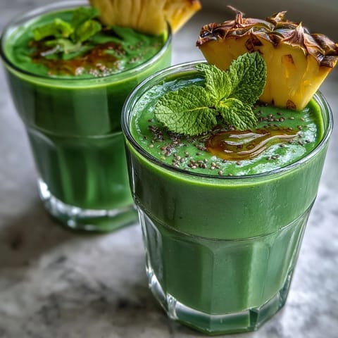 Vibrant green shamrock smoothie with pineapple and spinach, topped with chia seeds for a nutritious breakfast boost.