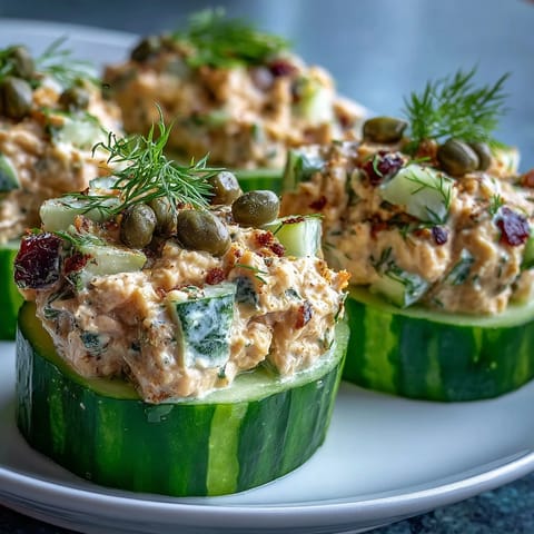 Bright, crisp cucumber boats are filled with zesty, protein-rich chickpea salad for a satisfying vegan snack.  