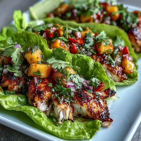 Zesty white fish fillets seasoned with chili and cumin, served in romaine lettuce wraps with sweet mango salsa for a refreshing low-carb taco option.