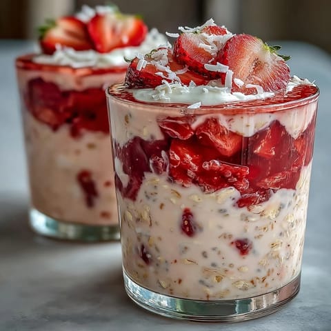 Creamy coconut milk-soaked oats topped with fresh strawberries, chia seeds, and shredded coconut for a naturally sweet vegan breakfast.  