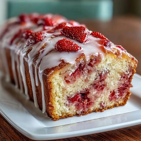 Moist strawberry swirl pound cake loaf with glossy vanilla glaze, perfect for spring gatherings and teatime treats.