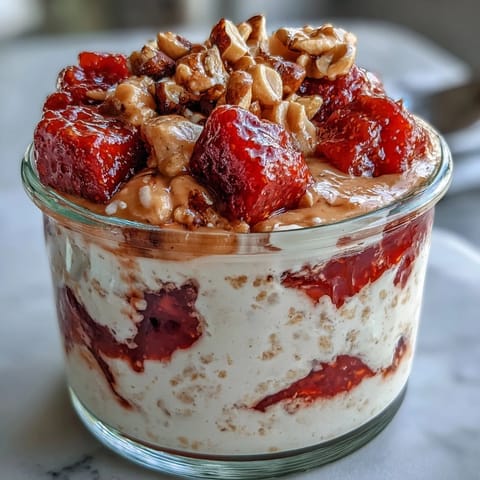 Creamy strawberry PB&J overnight oats with swirls of peanut butter and strawberry jam, topped with crunchy peanuts and fresh berries.