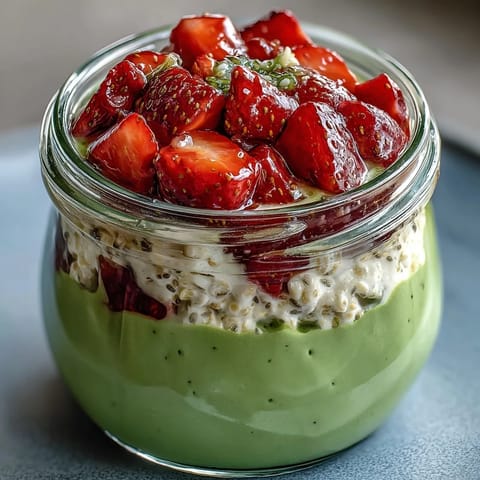 Delicious layered overnight oats in a mason jar, combining fresh strawberries and matcha for a refreshing, nutritious morning meal.
