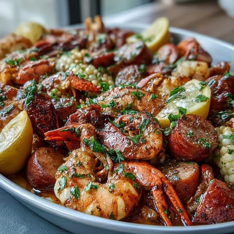 A colorful sheet pan dinner of crawfish, sausage, potatoes, and corn seasoned with Cajun spices, roasted to perfection.