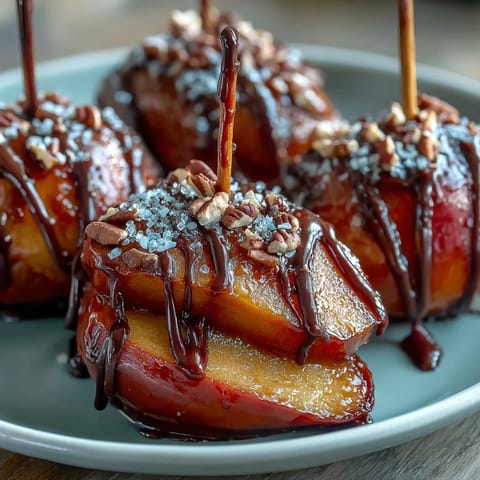 Delicious caramel apple slices drizzled with rich chocolate, perfect for autumn parties or festive gatherings.  
