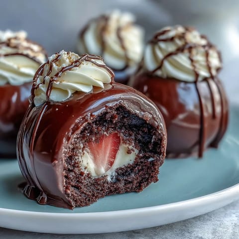 Luxurious Dubai chocolate strawberry bombs filled with silky cream, perfect for an impressive dessert centerpiece.  