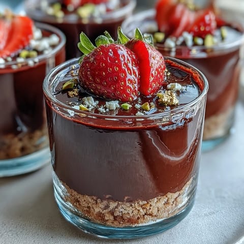 Layered Easy Dubai Chocolate Strawberry Dessert Cups featuring rich ganache, buttery biscuit base, and juicy macerated strawberries.