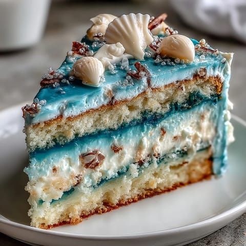Ocean Blue Ombre Pisces Birthday Cake: stunning three-layer vanilla cake featuring smooth blue buttercream gradient, white chocolate seashells, and edible glitter for a whimsical under-the-sea theme.
