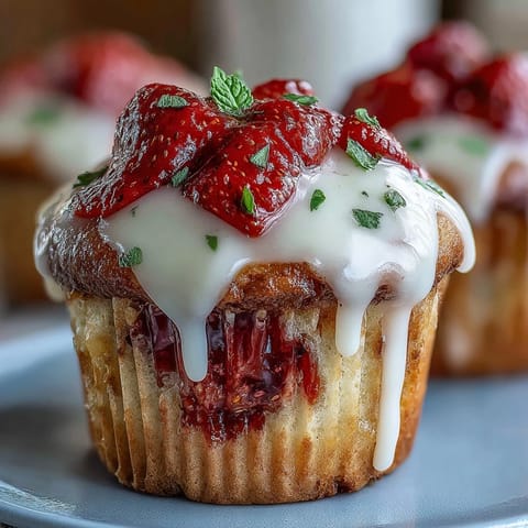 Fluffy strawberry muffins filled with juicy berries and drizzled with a bright lemon glaze, ideal for breakfast or brunch.