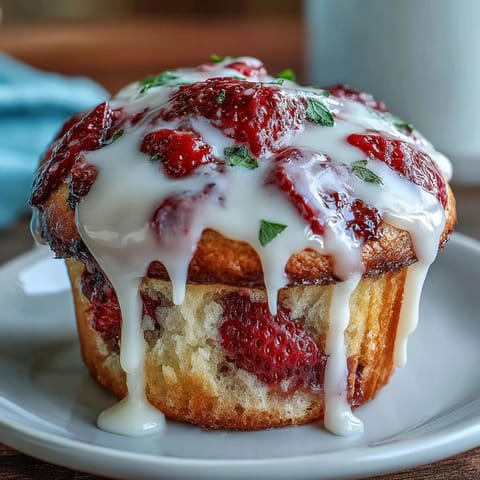 Golden strawberry muffins topped with a sweet and tangy lemon glaze, offering a delightful burst of summer flavor in every bite.