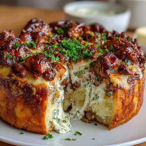 Fluffy baked potatoes stuffed with savory ground beef and vegetables, topped with creamy mashed potatoes and parsley.