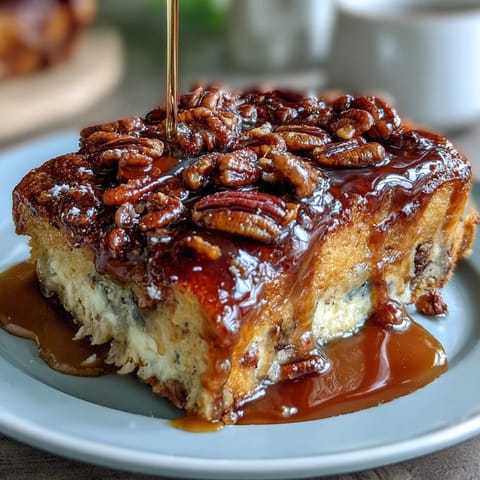 Fluffy baked pancake casserole with golden edges and a swirl of warm maple syrup, topped with crunchy pecans for texture.