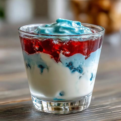 Red, White, and Blue Layered Jello Cups with vibrant stripes, perfect for patriotic celebrations and summer parties.  