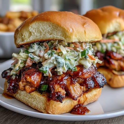 Delicious BBQ chicken sliders with tangy coleslaw, served on soft slider buns for a perfect summer bite.  