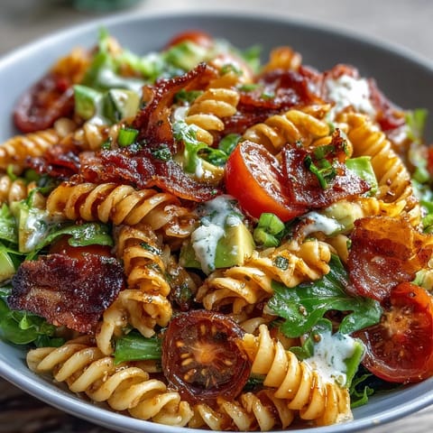 Creamy BLT Pasta Salad with Bacon and Avocado, perfect for summer gatherings and picnics.  