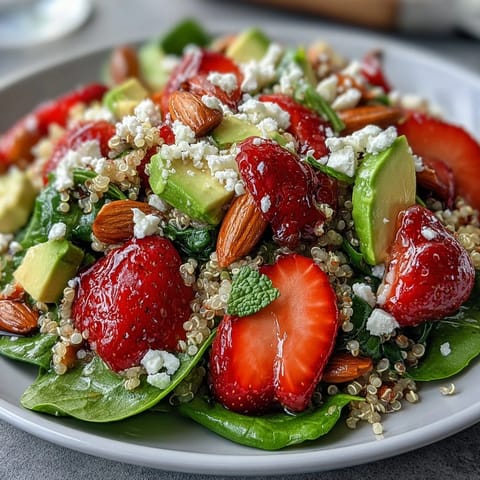 Vibrant strawberry avocado quinoa salad with creamy avocado, juicy berries, and zesty citrus dressing in a large bowl.