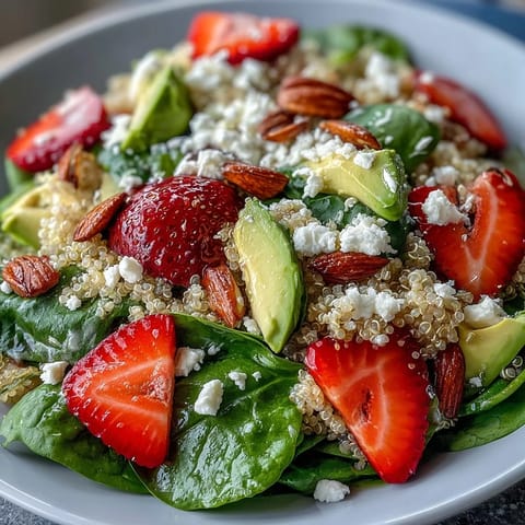 Colorful quinoa salad featuring strawberries, avocado, and fresh spinach, topped with toasted almonds and a tangy lemon-honey dressing.
