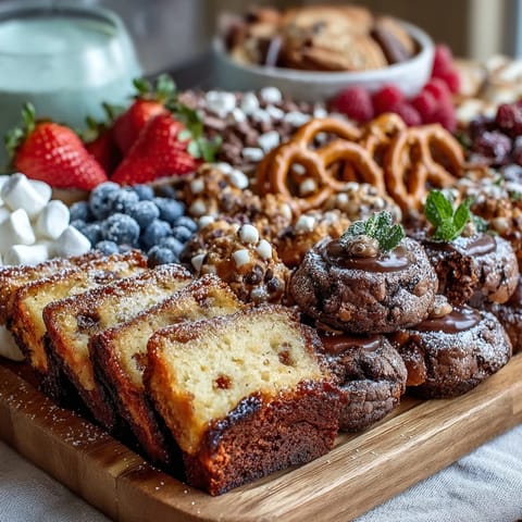 A vibrant grad party dessert board featuring cake slices, cookies, and brownie bites, perfect for sharing at celebrations.