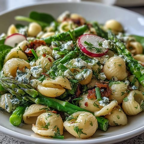 Vibrant spring pasta salad with lemon vinaigrette, crisp radishes, and fresh asparagus—ideal for picnics and light lunches.