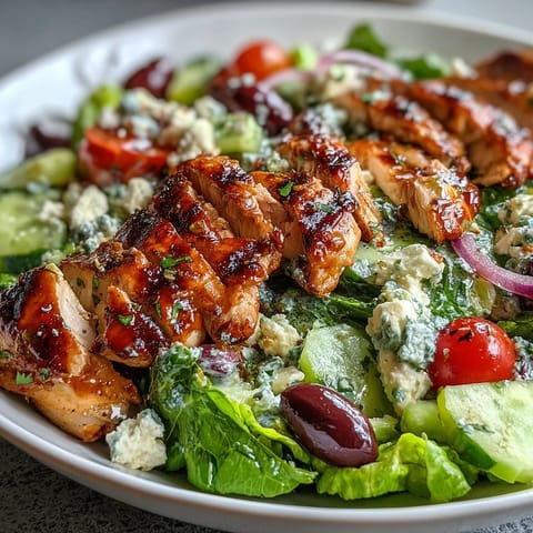 A vibrant Greek salad bowl with grilled chicken, fresh vegetables, and tangy feta cheese, perfect for a healthy summer meal.