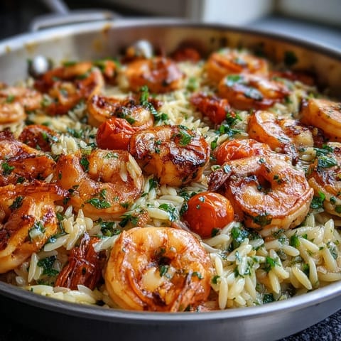 Bright lemon butter shrimp and orzo dish with juicy shrimp, zucchini, and cherry tomatoes in a single skillet.