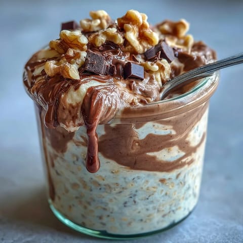 Chunky Monkey Protein Overnight Oats layered in a jar with mashed banana, chocolate chips, and creamy peanut butter swirls.