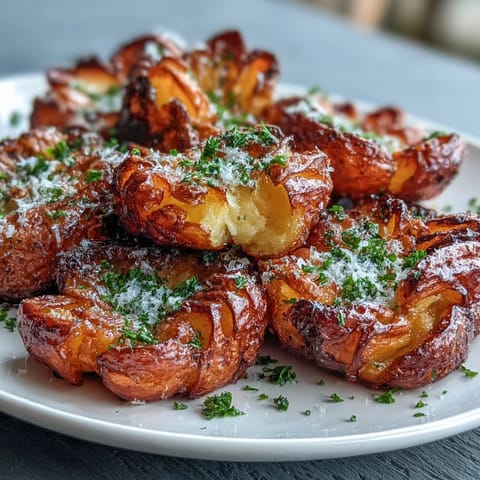 Crispy smashed potatoes with golden edges, roasted to perfection with olive oil and herbs for a satisfying side dish.