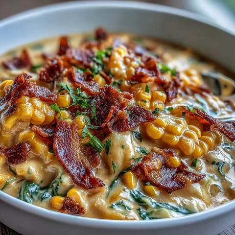 Hearty cabbage corn chowder with crispy bacon and tender potatoes in a creamy broth.