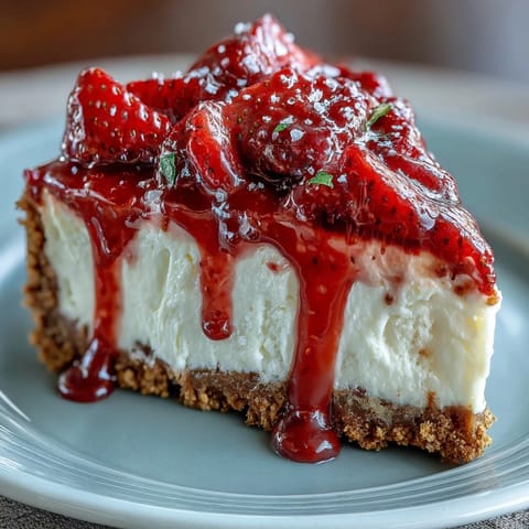 Creamy no-bake strawberry cheesecake with a buttery graham cracker crust, topped with fresh, glossy strawberry sauce and served chilled.