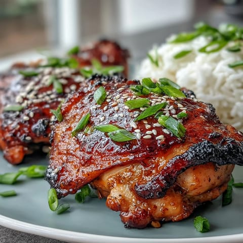 Soy glazed chicken thighs with sticky, caramelized skin baked to golden perfection in a savory-sweet Asian-inspired glaze.