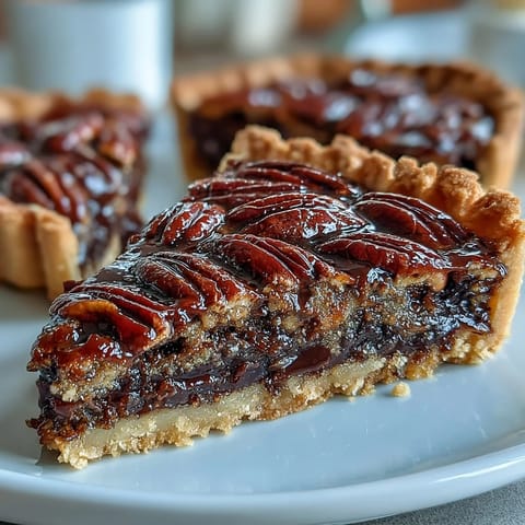 Warm, gooey chocolate bourbon pecan tart slices topped with toasted pecans and served on a rustic wooden board.  